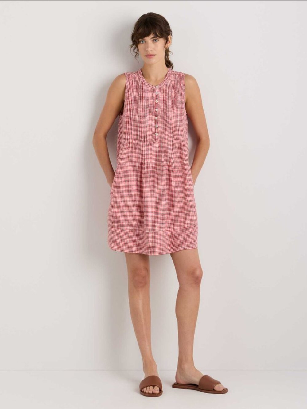 Quince Women's Red Classic Mini Gingham 100% European Linen Sleeveless Swing Dre
